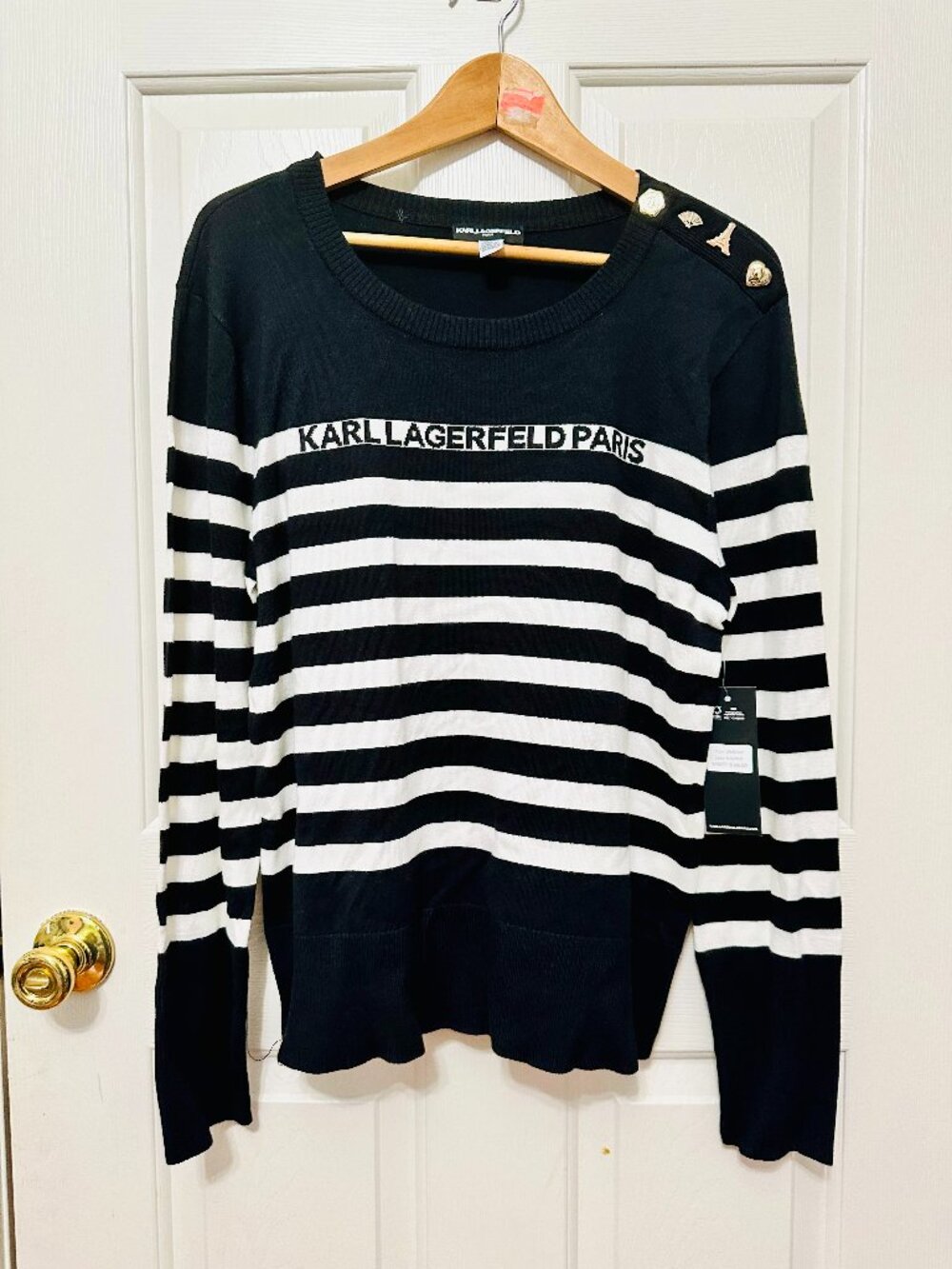 KARL LAGERFELD PARIS BLACK AND WHITE STRIPED PULLOVER KNIT SWEATER LARGE $89